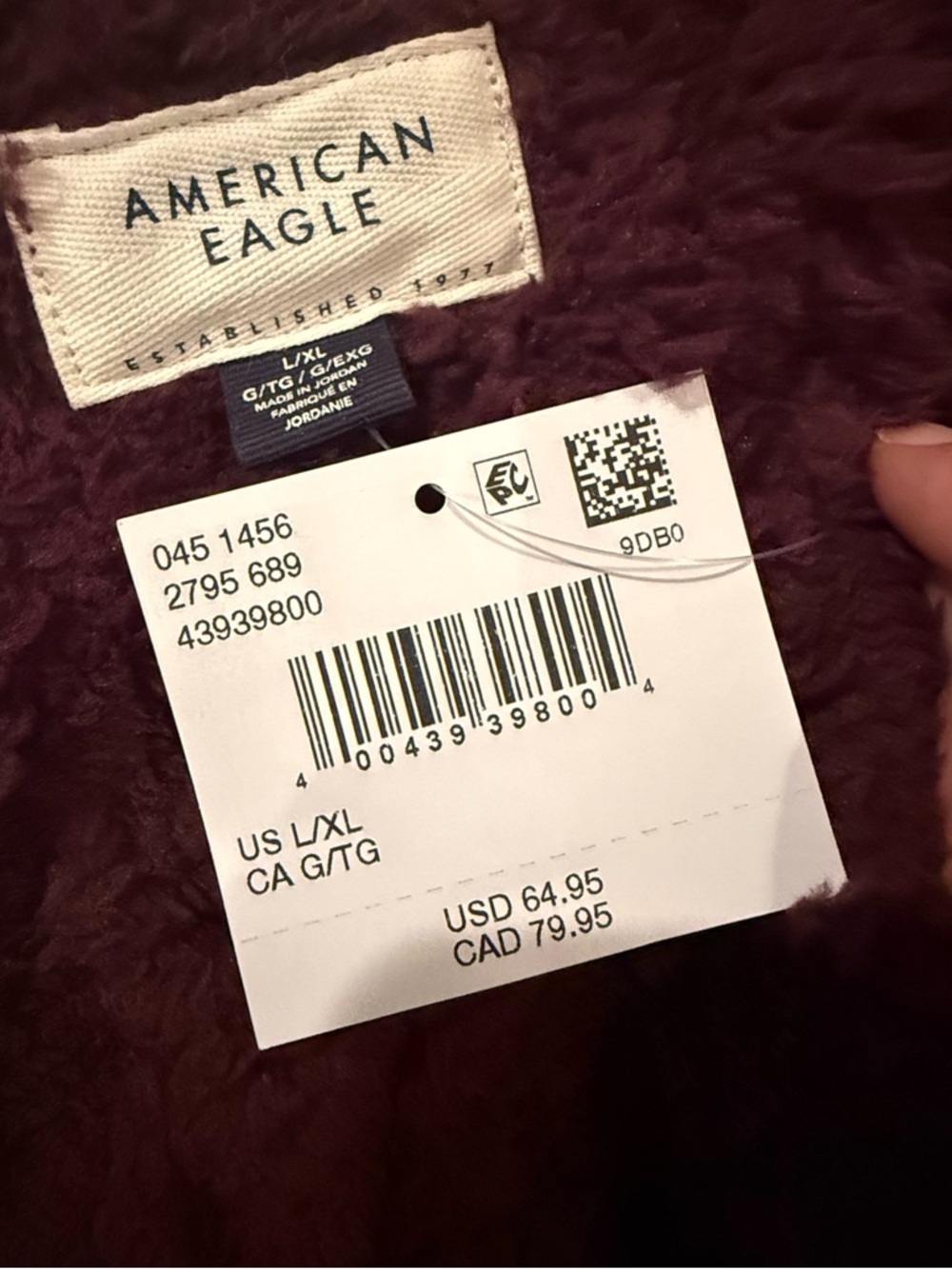 American Eagle Cable Sherpa Full Zip-Up Sweatshirt in Burgundy - Picture 3 of 10